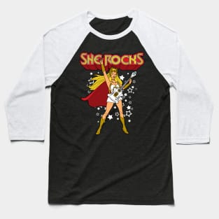 Female Superhero Girl Power Retro 80's Feminist Rock And Roll Cartoon Baseball T-Shirt